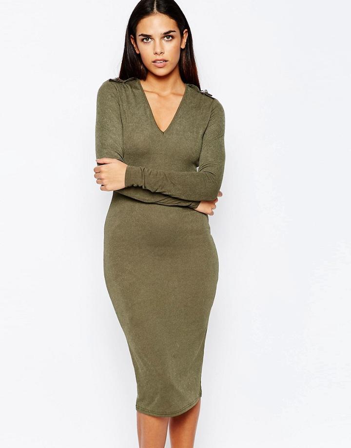 Club L Essentials Midi Dress With Utility Shoulder Detail - Khaki