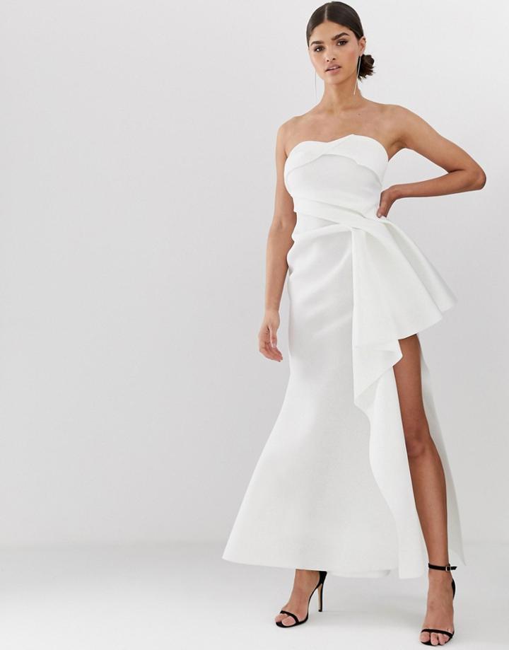Asos Design Bandeau Tuck Detail Maxi Dress With Split - White