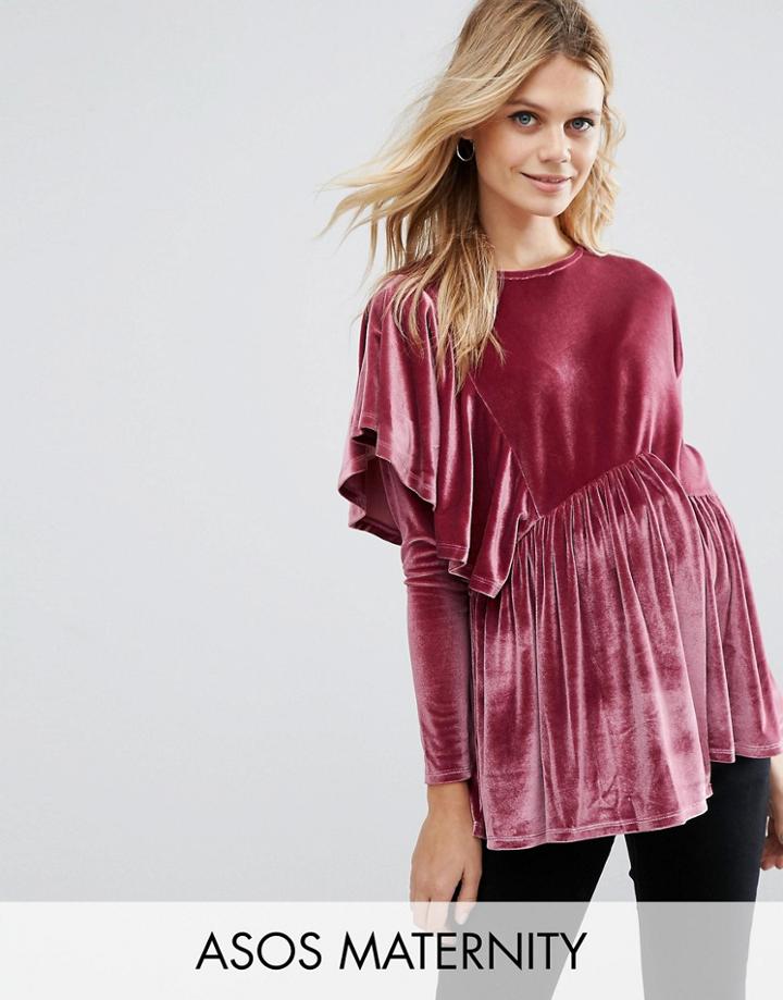 Asos Maternity Top With Exaggerated Ruffle In Velvet - Pink