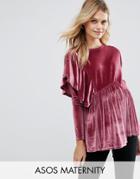 Asos Maternity Top With Exaggerated Ruffle In Velvet - Pink