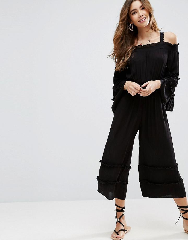 Asos Cold Shoulder Jumpsuit In Crinkle With Frill Detail - Black