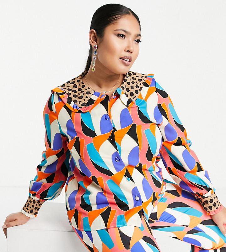 Never Fully Dressed Plus Contrast Collar Blouse Set In Abstract Leopard Print-black