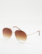 Asos Design Metal Aviator Sunglasses In Gold With Brown Lens-black