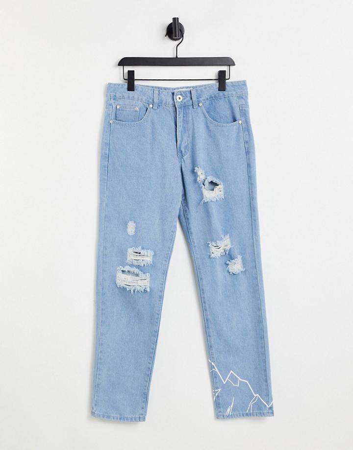 Liquor N Poker Straight Leg Jeans In Stonewash With Distressing And Mountain Print - Part Of A Set-blues