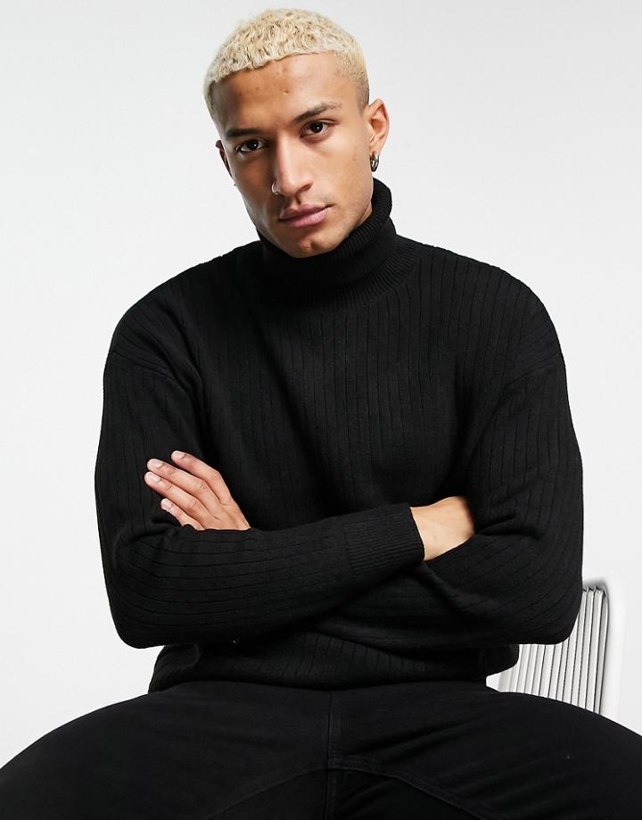 Bershka Heavy Knit Roll Neck Sweater In Black