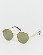 Asos Design Metal Round Sunglasses In Gold With Flat Gold Mirror Lens - Gold