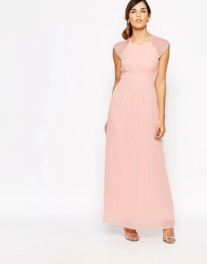 Elise Ryan Pleated Maxi Dress With Lace Sleeve - Pink