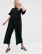 Asos Design Smock Jumpsuit With Frill Sleeve-black