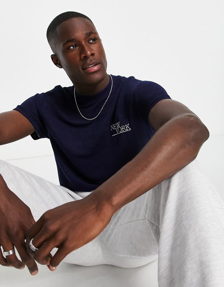 Asos Design T-shirt In Navy Heavyweight Textured Jersey With City Embroidery