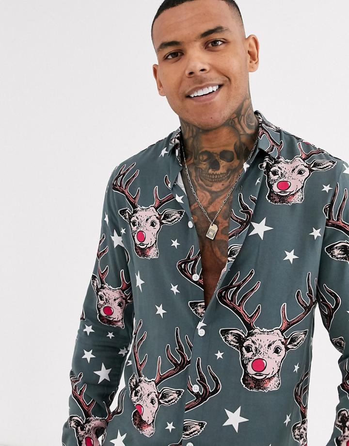 Asos Design Regular Fit Shirt In Reindeer Print