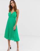 Asos Design Cami Midi Dress With Pleat Skirt And Knot Bodice-green