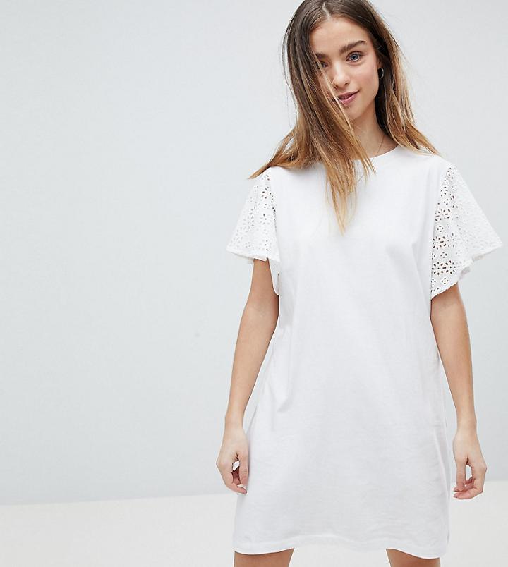 Asos Petite T-shirt Dress With Broderie Sleeves - White