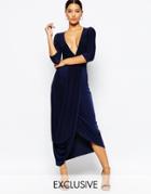 Club L Wrap Front 3/4 Sleeve Dress - Navy