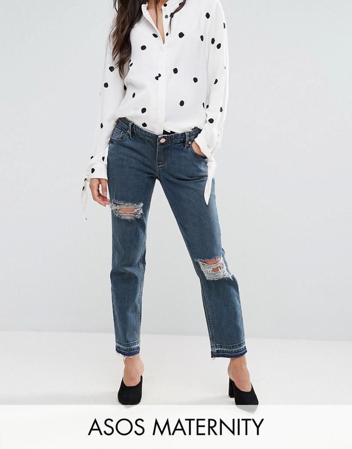Asos Maternity Kimmi Shrunken Boyfriend Jeans In Rachel Wash With Rips And Let Down Hem With Over The Bump Waistband - Blue