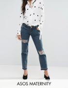 Asos Maternity Kimmi Shrunken Boyfriend Jeans In Rachel Wash With Rips And Let Down Hem With Over The Bump Waistband - Blue