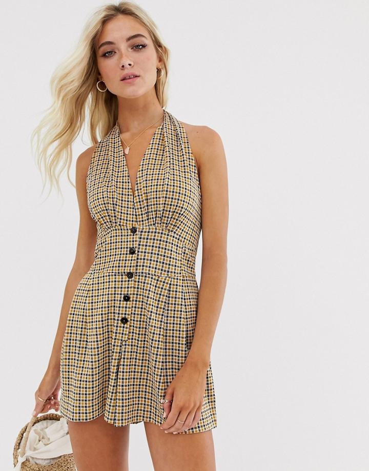 Asos Design Halter Romper With Button Front In Check-multi