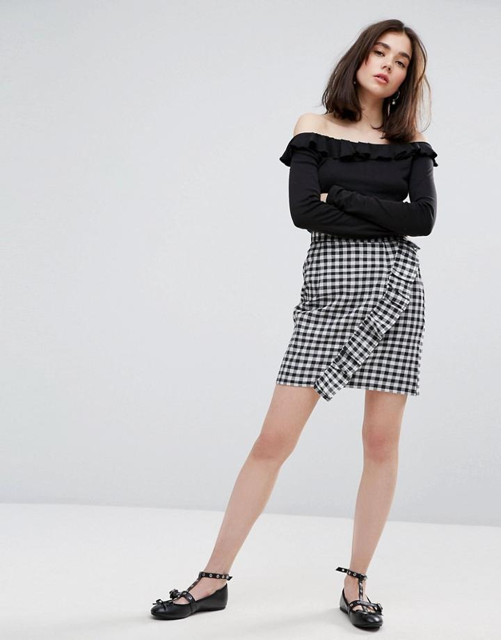 Plain Studios Mini Skirt In Gingham With Frill Detail-black