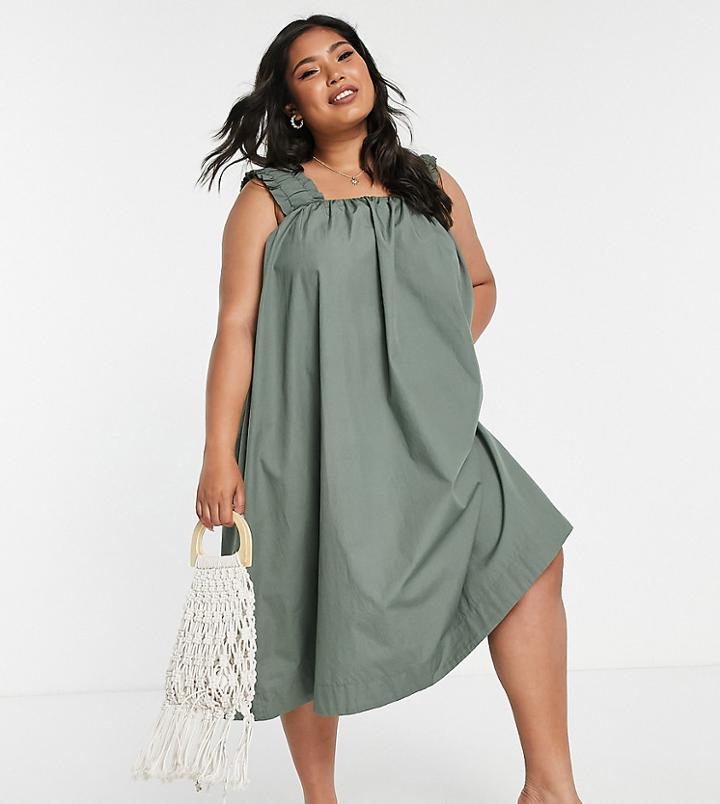 Vero Moda Curve Organic Cotton Midi Dress With Ruched Straps In Khaki-green