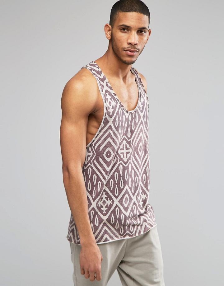 Asos Nepp Jersey Longline Tank With Geo-tribal Print And Raw Edge - Brown
