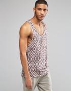 Asos Nepp Jersey Longline Tank With Geo-tribal Print And Raw Edge - Brown