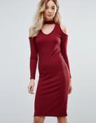 Daisy Street Cold Shoulder Midi Dress With Choker Neckline - Red