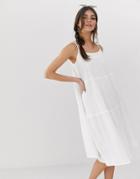 Asos Design Cheesecloth Tiered Midi Sundress With Tie Straps-white
