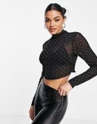 Asos Design Crystal High Neck Mesh Crop Top In Black
