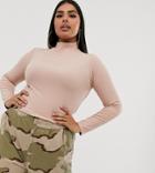 Asos Design Curve Turtleneck Long Sleeve Rib Crop Top In Tan-brown