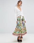 Asos Pleated Midi Skirt In Postcard Print - Multi
