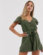 Asos Design Frill Sleeve Romper With Cut Out Back - Green
