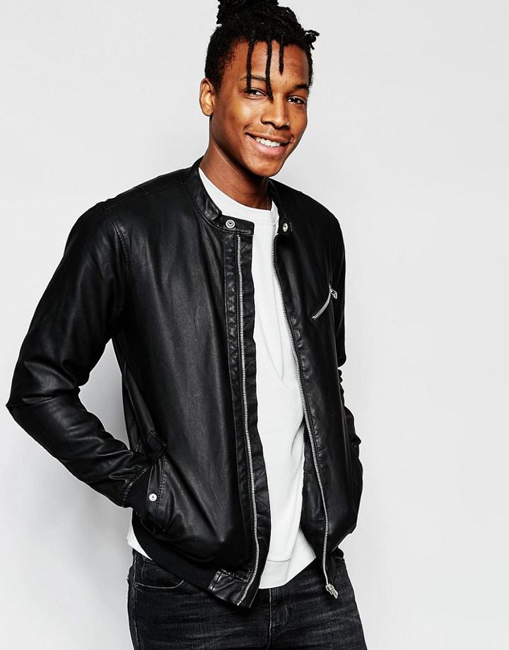 Pull & Bear Biker Jacket In Black Faux Leather With Chest Zip Detail - Black