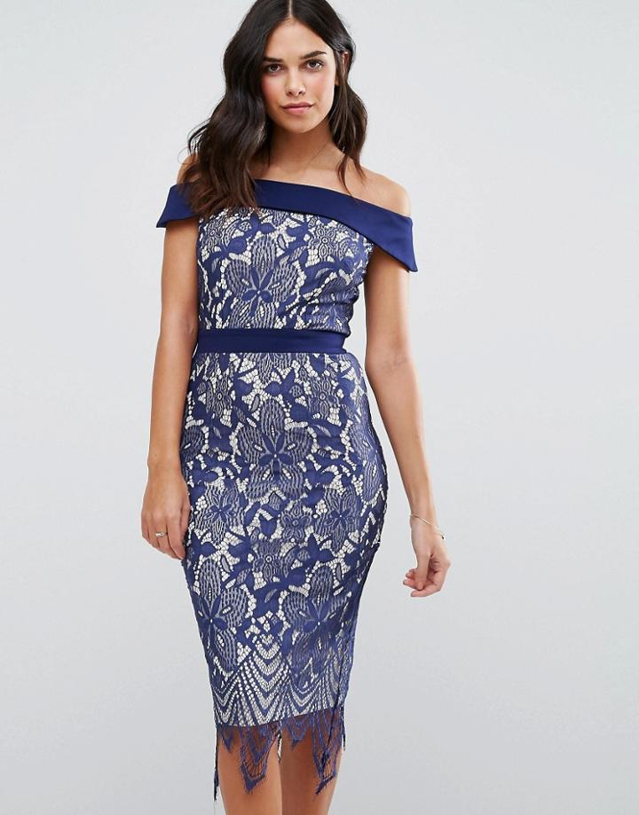 Little Mistress Lace Bardot Midi Dress - Navy