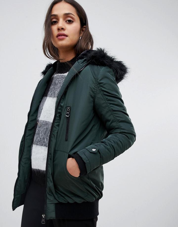 Brave Soul Longline Bomber Coat With Faux Fur Trim - Green