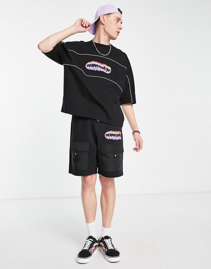 Crooked Tongues Oversized T-shirt With Piping And Logo Print In Black - Part Of A Set
