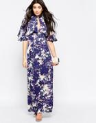Liquorish Maxi Dress With Kimono Sleeves In Blurred Floral Print - Navy
