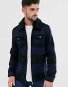 Only & Sons Brushed Check Wool Jacket With Removable Fleece Collar-navy