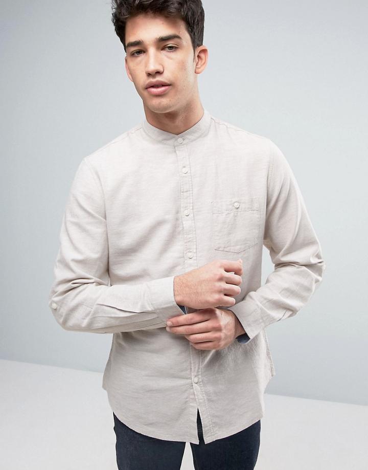 Threadbare Cotton Linen Grandad Long Sleeve Shirt - Stone