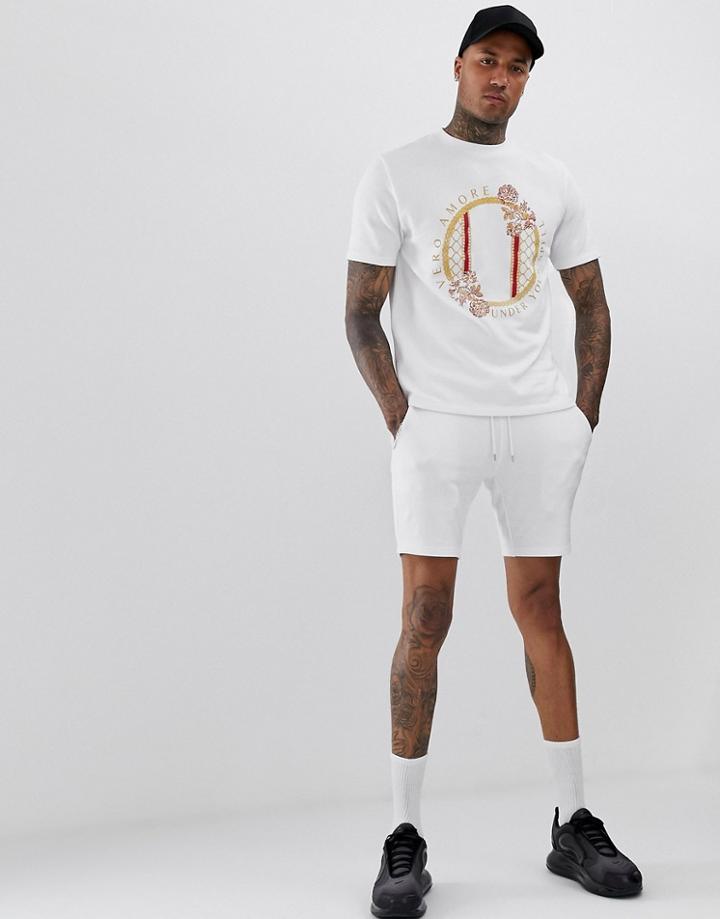 Asos Design Tracksuit Sweatshirt With Skinny Shorts With Chest Print - White