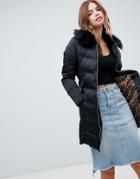 Brave Soul Belted Padded Coat With Faux Fur Collar - Black