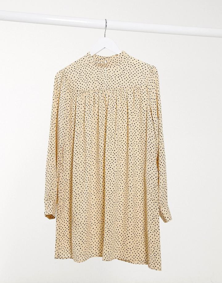 Only Smock Dress With High Neck In Yellow Polka Dot-multi