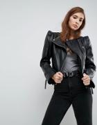 Asos Leather Biker Jacket With Shoulder Pads - Black