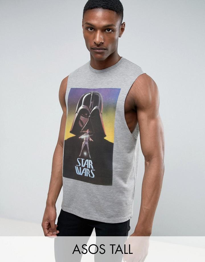 Asos Tall Star Wars Sleeveless T-shirt With Dropped Armhole And Darth Vader Print - Gray
