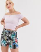 Qed London Tie Waist Shorts In Floral Stripe Mix-multi