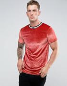 Asos Muscle T-shirt In Velour With Neck Tipping - Red