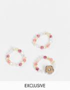 Reclaimed Vintage Inspired Unisex Stretch Ring Pack With Brushed Metal Flower In Fun Faux Pearl Beading-multi