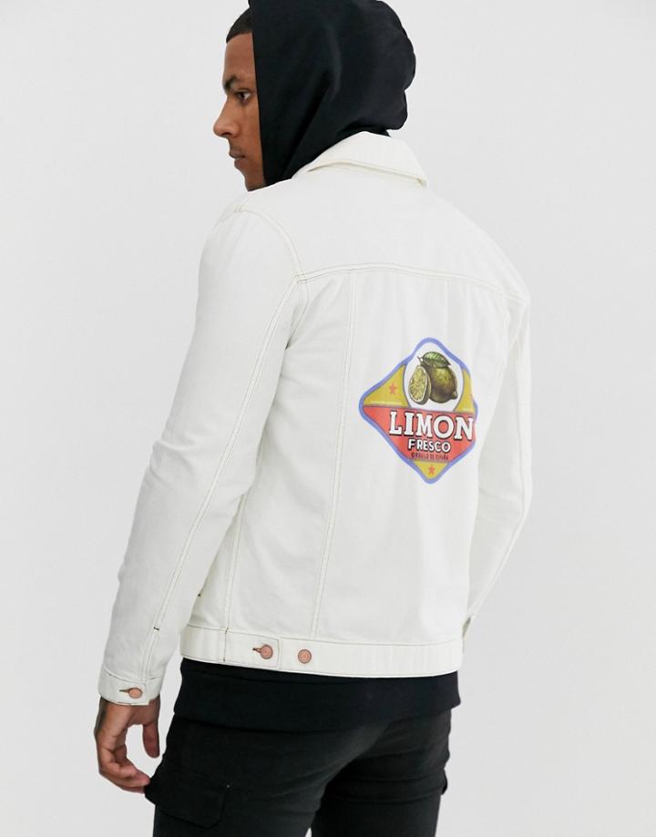 Asos Design Regular Denim Jacket In White With Back Print - White