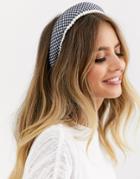 Asos Design Padded Headband In Houndstooth With Front Pearl Embellishment