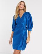 Vero Moda Taffeta Wrap Mini Dress With Rhinestone Buttons In Blue-blues
