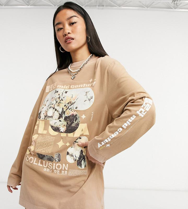 Collusion Floral Graphic Long Sleeve T-shirt Dress In Brown