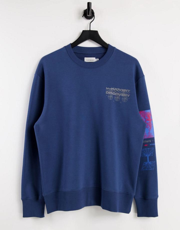 Topman Discovery Print Sweat In Navy-blues